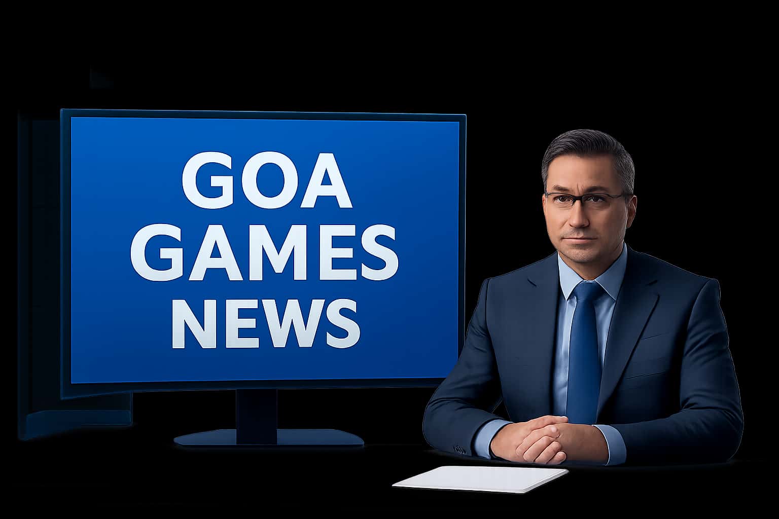 A neutral informational scene showcasing Goa Games News with emphasis on updates and server statuses.